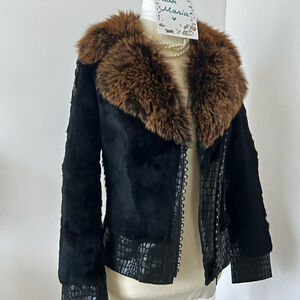 Vintage Black Real Rabbit & Fox Fur Biker Jacket with Rhinestone Zippers S